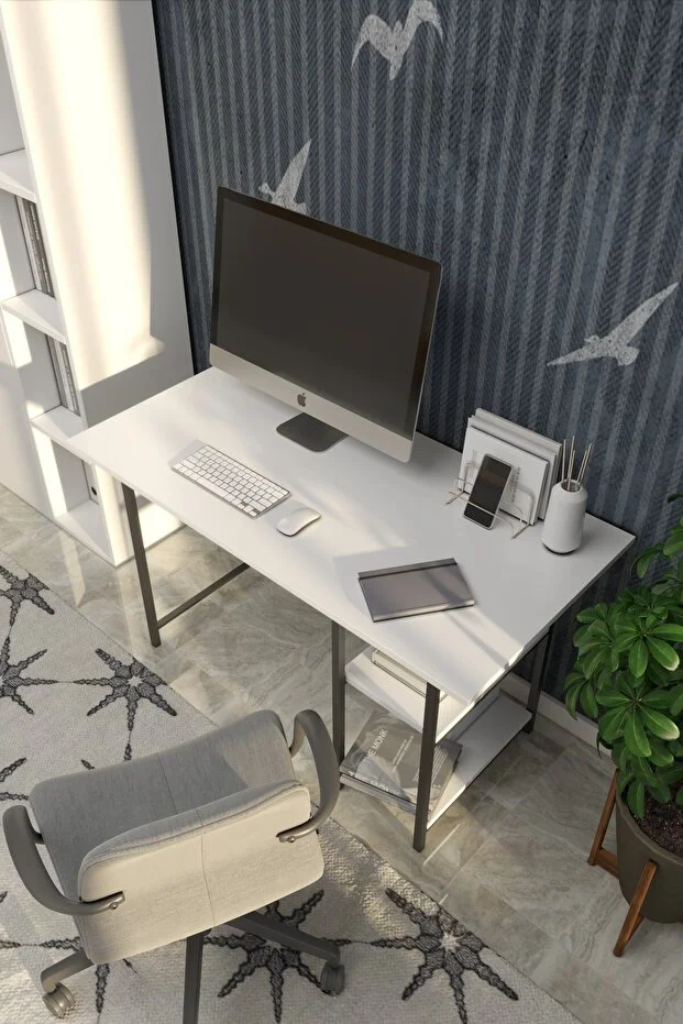 Beyaz Renk Metal Çalışma Ofis Bilgisayar Laptop Masası 60x120